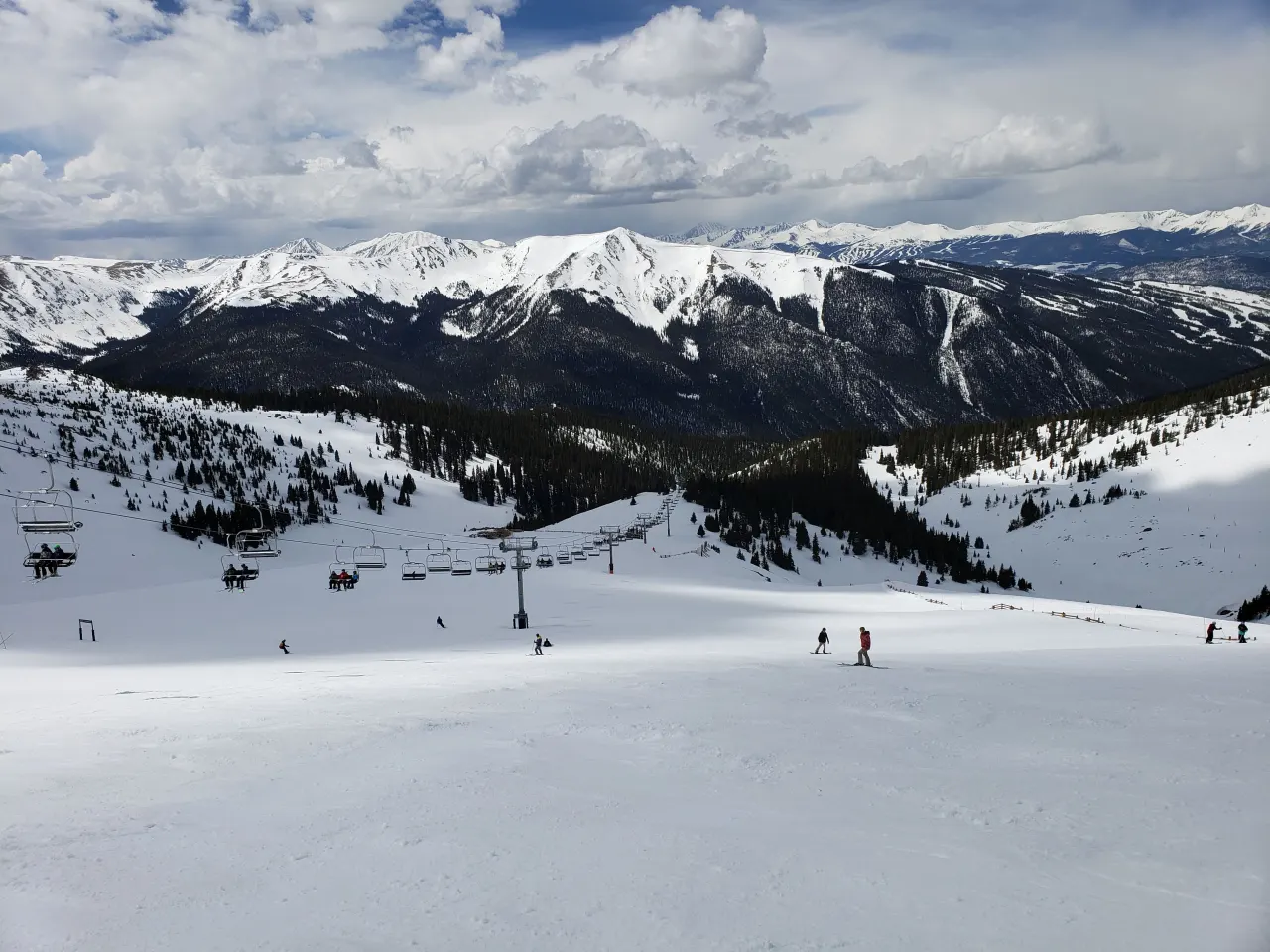 Montezuma Bowl at Arapahoe Basin: a chairlift and a few distant riders on a broad snowfield below the peaks of the Continental Divide