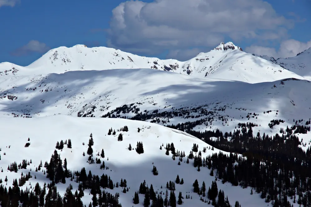 Snow-covered peaks and treed slopes along the Continental Divide at Loveland Pass under a blue sky